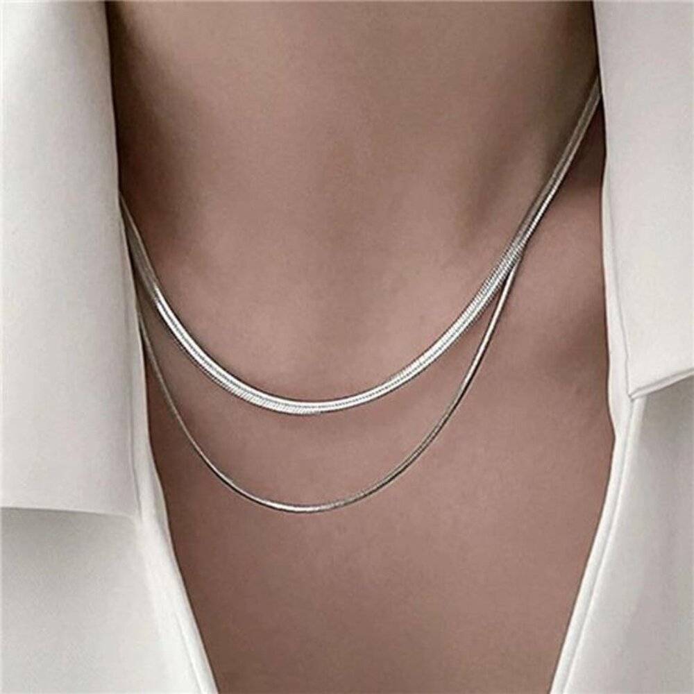 Layered Cuban Herringbone Necklace – Double Chain Non-Tarnish Stackable
